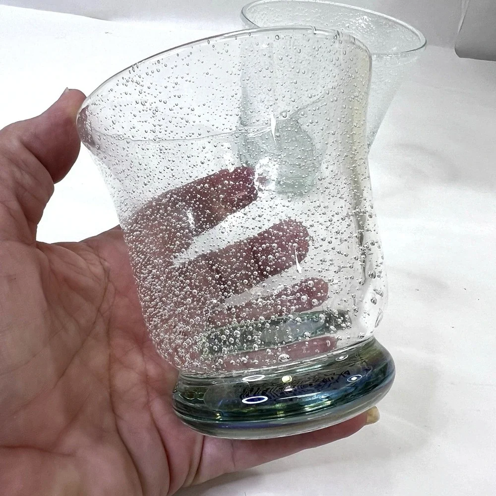 Pottery‎ Barn Palazzo Green Bubble Double Old Fashioned Glasses Set of 2